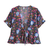 Boho Tops for Women - Bohemian Blouse - Navy, Blue and Red Floral Tie-Front Blouse