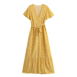 Bohemian Maxi Dress – “Honey Solstice” Yellow Sunflower V-Neck Tie-Waist Boho Dress