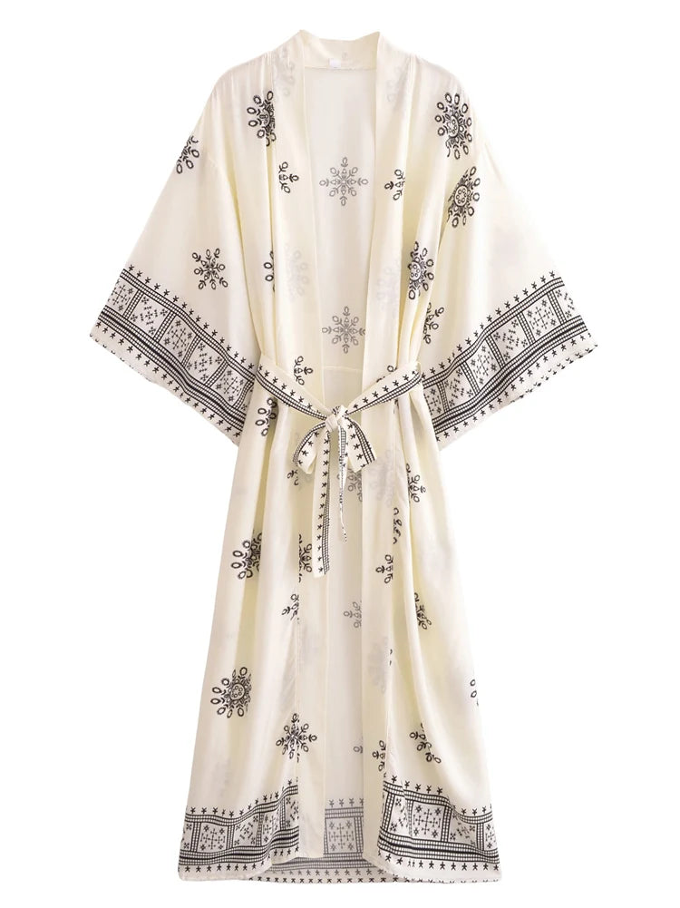 Boho Kimono Robe – “Ivory Echo” Ethnic Embroidered Beach Cover-Up for Women White / S