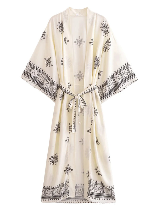 Boho Kimono Robe – “Ivory Echo” Ethnic Embroidered Beach Cover-Up for Women