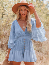 Boho Mini Dress – Boho White Dres –“Whisper Light” Batwing Sleeve Mini Sundress with Buttons