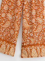 Boho Wide Leg Pants – “Saffron Meadow” Rust Floral Drawstring Palazzo Pants