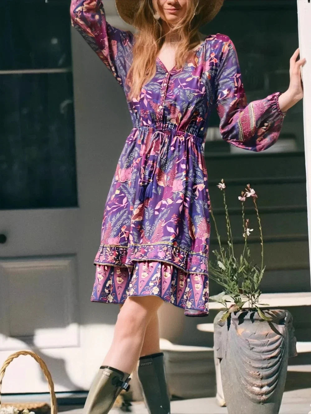 chinese dress ladies Purple Wisteria Boho Floral Print Long Sleeve Mini Dress M / Purple
