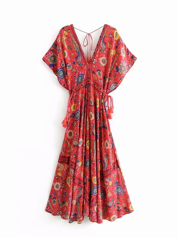 Bohemian Maxi Dress – “Mirage” Flowing Festival Gown Boho Beach Dress in Blue and Red