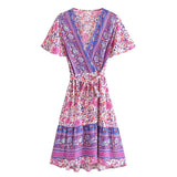 Boho Mini Dress – “Rosewood Mosaic” Pink Floral Short Sleeve Wrap Dress