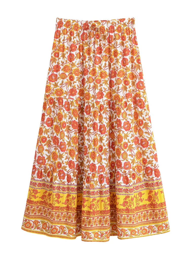 Boho Maxi Skirt – “Honey Flower” Hippie Floral Long Skirt in Orange & Yellow for Women