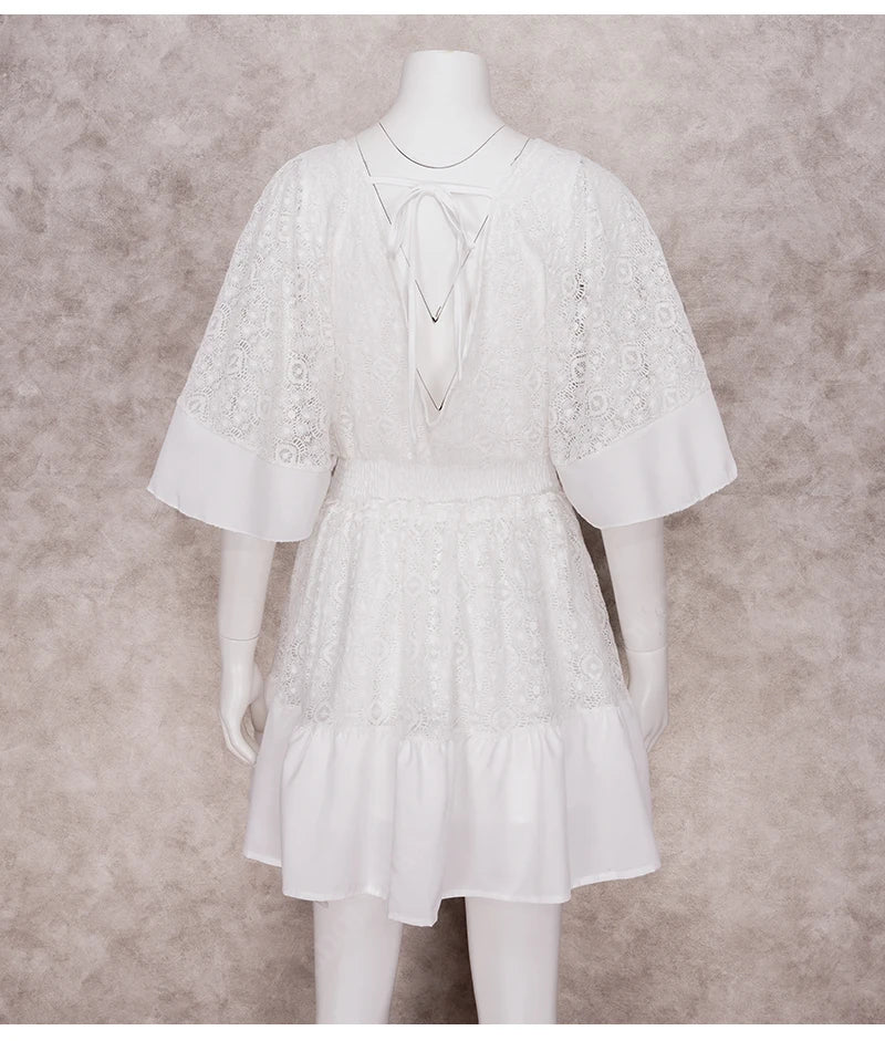 Boho Mini Dress – Boho White Dres –“Whisper Light” Batwing Sleeve Mini Sundress with Buttons
