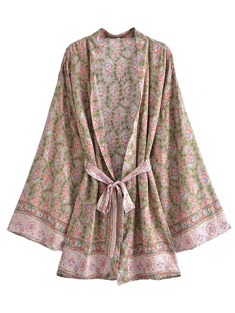 Bohemian Kimono Robe – “Gabriella”  Dusty Brown Short Cover-Up for Beach or Lounge