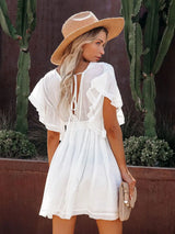 Boho Mini Dress – Boho White Dres – “Bare Grace” Deep V Ruffle Sleeve Mini Sundress