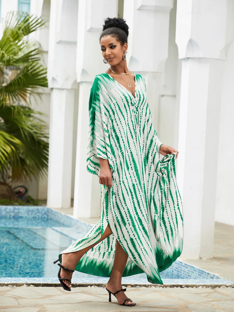 Boho Maxi Dress - Beach Dress, Kaftan Dress Vintage Embroidered in Danica Tie Dye Green