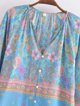 Boho Top for Women – Bohemian Blouse - Freya Blue and Pink Floral Long Sleeve Top