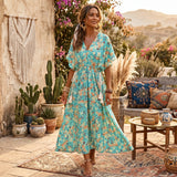 Bohemian Maxi Dress – “Jade Garden” Green Floral Batwing Tie-Waist Maxi Dress