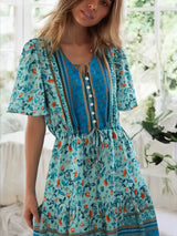 Boho Mini Dress – Blue Floral Button-Down Sundress Maeve