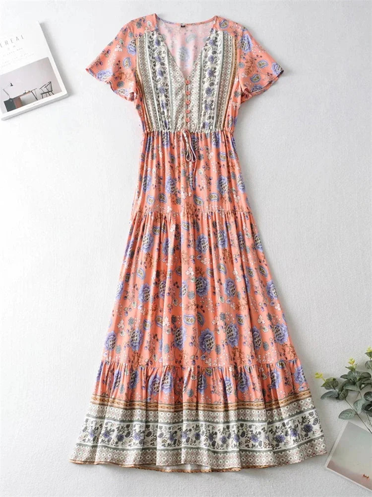 Boho Maxi Dress - Bohemian Dress – Addison in Pink and Green, Flowy Summer Sundress