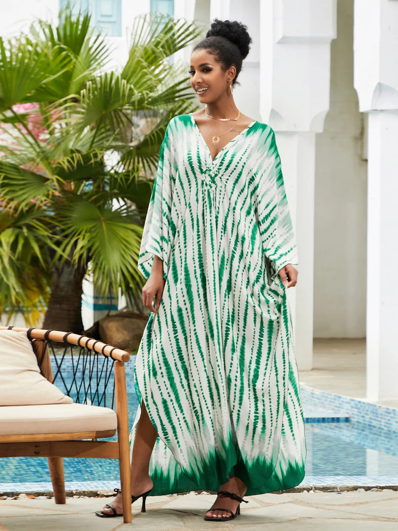 Boho Maxi Dress - Beach Dress, Kaftan Dress Vintage Embroidered in Danica Tie Dye Green