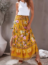 Boho Maxi Skirt – Marigold Floral Hippie Style Skirt in Mustard Yellow for Women, Summer, and Festivals