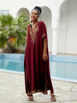 Boho Maxi Dress - Beach Dress, Kaftan Dress Vintage Embroidered in Calista Red and Black