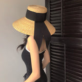 Boho Sun Beach Hat - Wide Brim Straw Boater Hat with Bow Ribbon