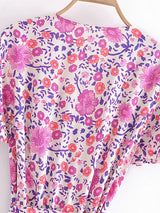 Boho Mini Dress – “Rosewood Mosaic” Pink Floral Short Sleeve Wrap Dress