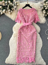 Vintage Boho Midi Dress - Pink Fusia | Embroidered Lace Bohemian Style Dress