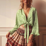 Boho Blouse – ““Seaside Song” Floral Long Sleeve Tie Front Tope