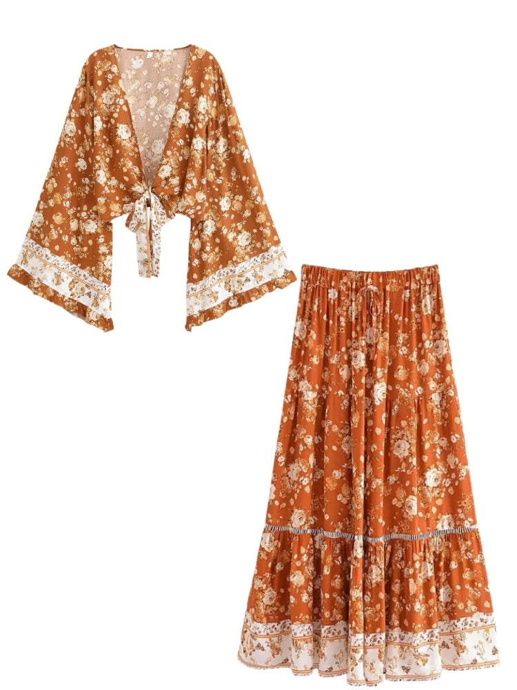Bohemian Two Piece Set – Bluebell Aria Floral Crop Top and Flowing Maxi Skirt