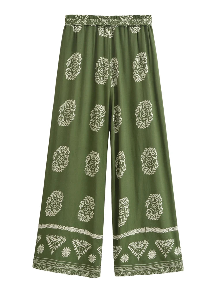 Boho Pant – Hippies Palazzo Pant, Casual Green Tribal Print Pants for Women