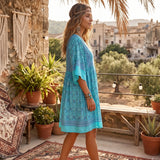 Boho Mini Dress – “Turquoise Reverie” Paisley Batwing Sleeve Loose Dress