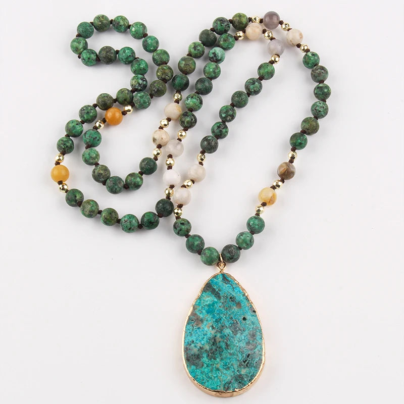 Boho Necklace - RH Precious Green Lava Blue Oval Stones