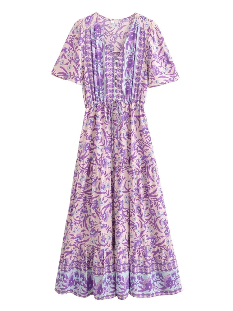 Boho Chic Maxi Dress – Floral Print Summer Sundress Elowen in Purple, Green and Pink