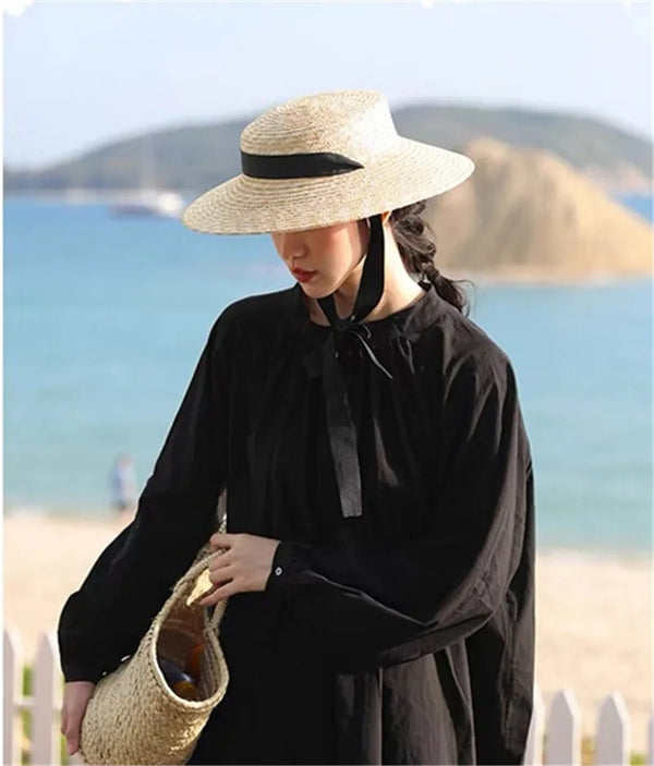 Boho Hat - Wide Brim Straw Sun Hat with Vintage Style Bamby Black Ribbon