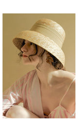 Boho Sun Beach Hat - Wheat Straw Cloche Hat with Ribbon