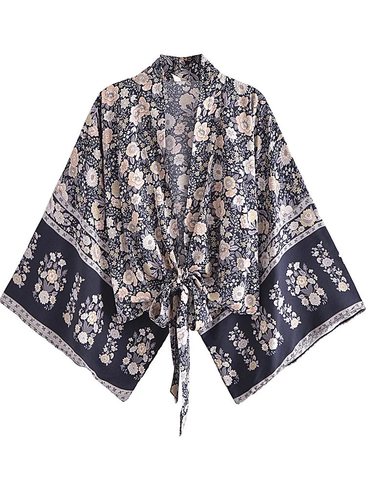 Boho Robe – “Flower Whisper” Bohemian Short Kimono Cover-Up for Beach or Lounge