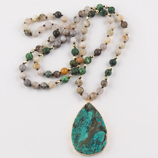 Boho Necklace - RH Precious Green Lava Blue Oval Stones