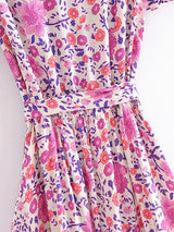 Boho Mini Dress – “Rosewood Mosaic” Pink Floral Short Sleeve Wrap Dress