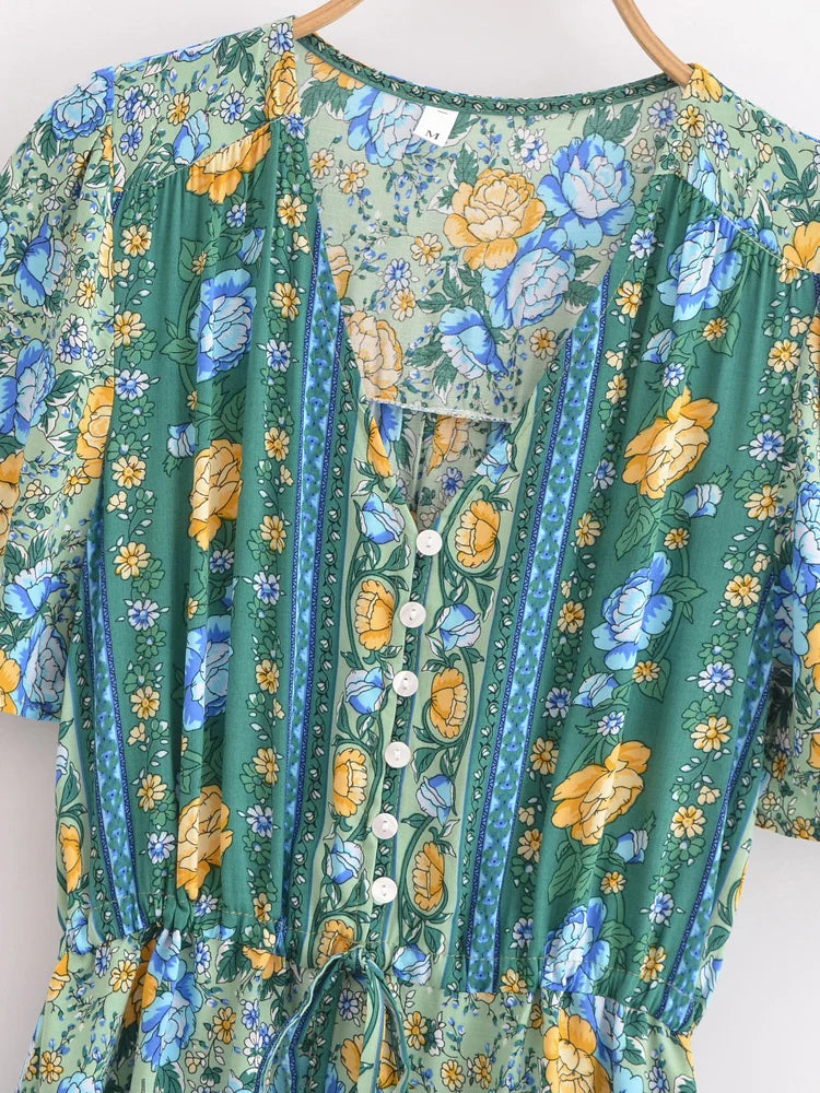 Boho Chic Maxi Dress – Floral Print Summer Sundress Elowen in Purple, Green and Pink