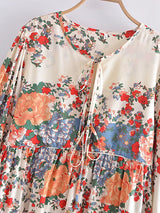 Bohemian Maxi Dress – “Terracotta Bloom” Cream Floral V-Neck Tie-Front Maxi Dress