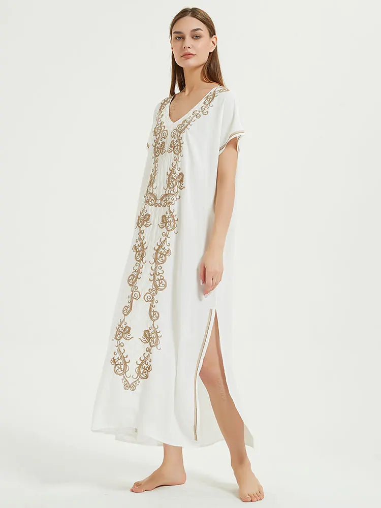 Boho Maxi Dress - Beach Dress, Kaftan Dress Vintage Embroidered in Myla Navy White and Black