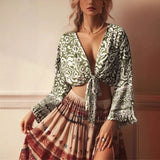Boho Blouse – “Festival Muse” Floral Long Sleeve Tie Front Tope