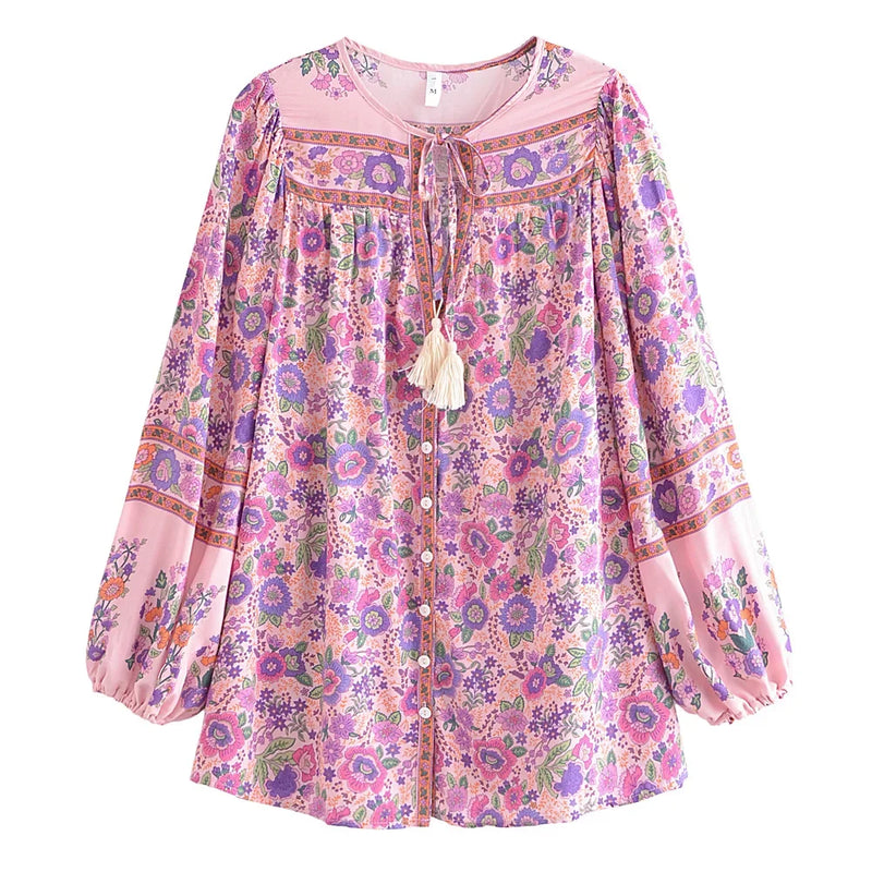 Boho Blouse – “Wild Petal” – Boho Floral Tunic Tops in Pink & Blue