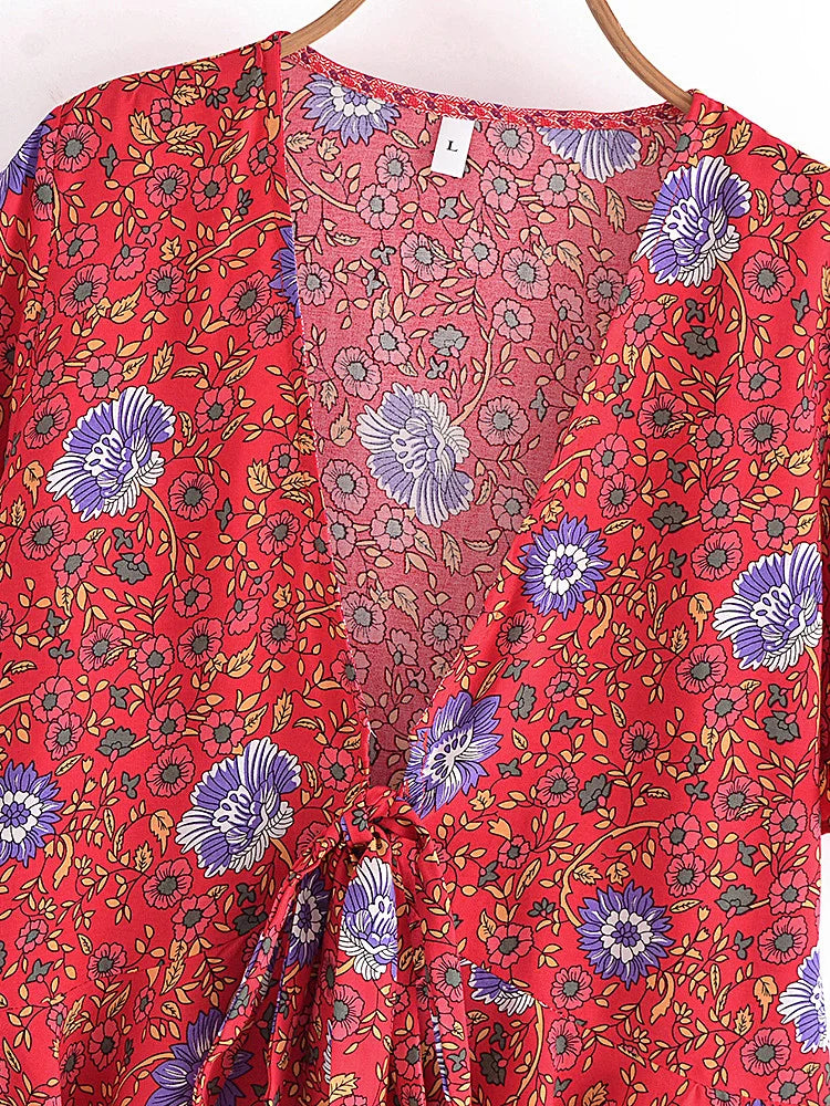 Boho Tops for Women - Bohemian Blouse - Navy, Blue and Red Floral Tie-Front Blouse