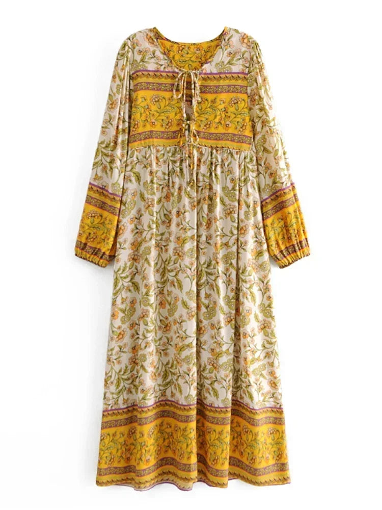 Boho Maxi Gown – “Wild Orchid” Loose Flowing Dress in Blue Yellow / S