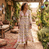 Bohemian Maxi Dress – “Buttercup Reverie” Pastel Floral Long Sleeve Boho Maxi Dress