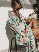 Boho Kimono Robe – “Lily Lotus” Green Floral Wrap Cover-Up for Women