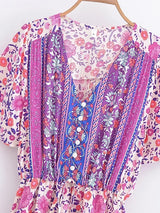 Boho Maxi Dress – “Lavender Reverie” Purple Floral Short Sleeve V-Neck Dress