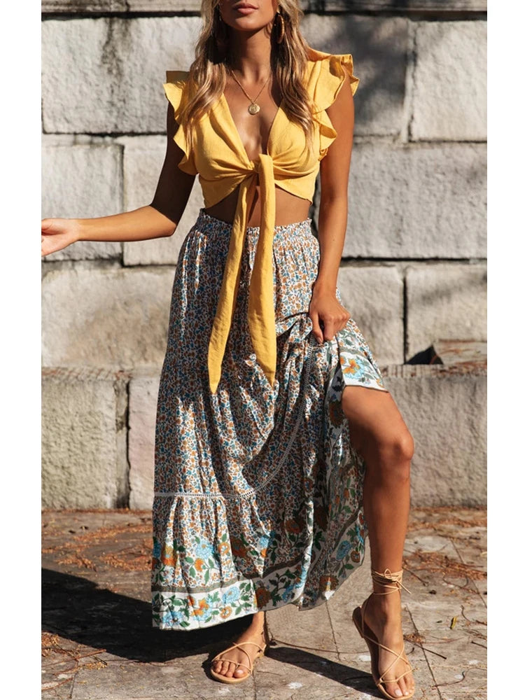 Boho Maxi Skirt – “Olive Meadow” Hippie Style Skirt in Beige & Red for Women, Summer, and Festivals