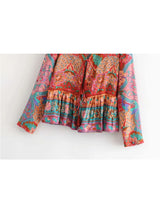 Boho Blouse – “Festival Fire” V-Neck Tribal Print Top in Red