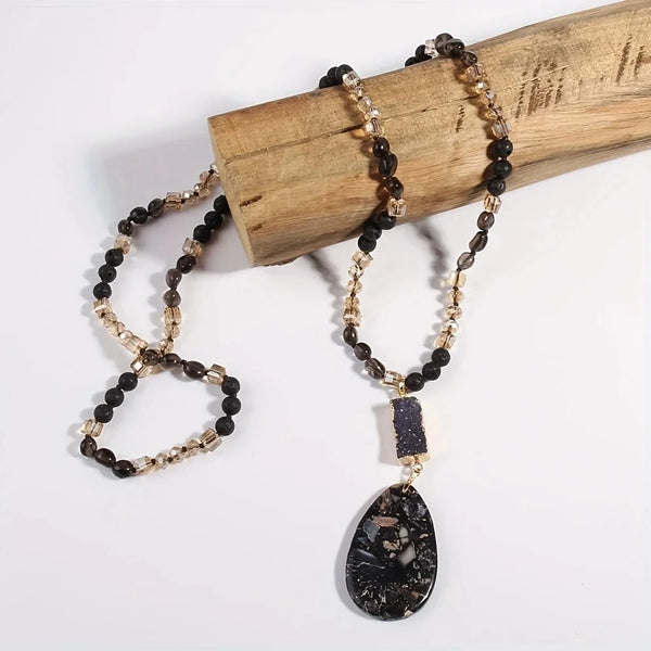 Boho Necklace - RH Precious Black Lava Oval Stones
