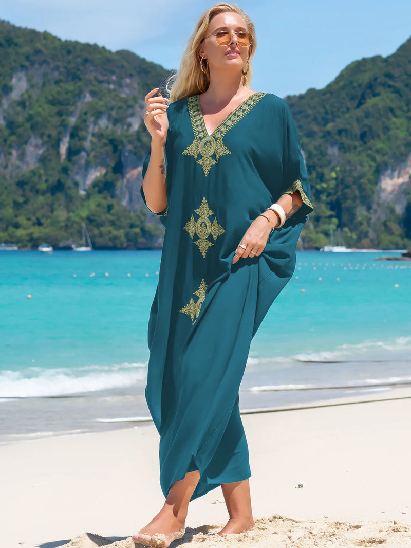 Boho Maxi Dress - Beach Dress, Kaftan Dress Vintage Embroidered in Black Liliana