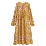 Bohemian Maxi Dress – “Marigold Reverie” Yellow Floral V-Neck Flare Sleeve Boho Maxi Dress